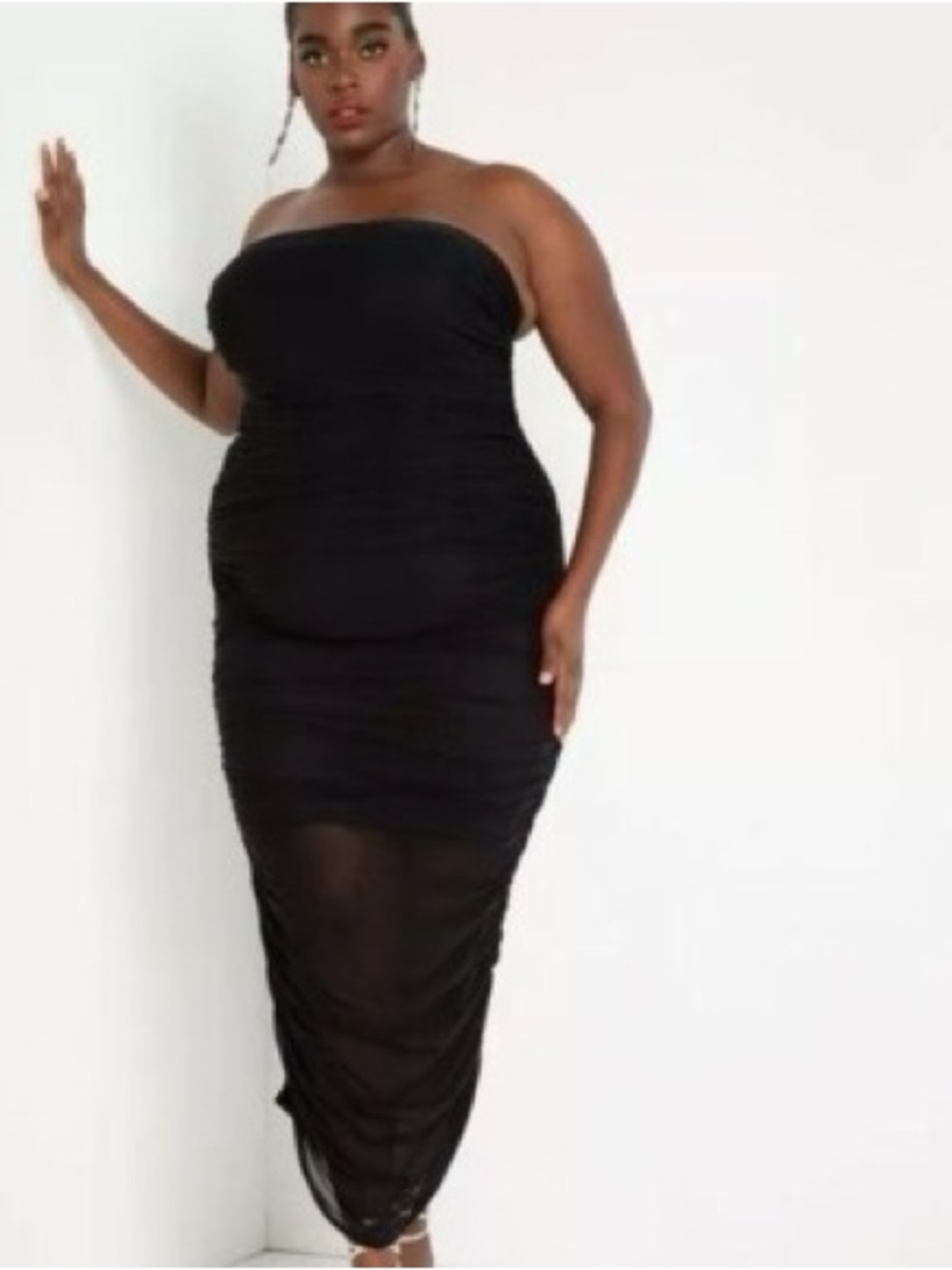 Eloquii Strapless Black Ruched Mesh Midi Dress